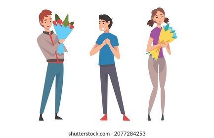 Young Man Giving Bouquet of Flowers to Happy Woman Vector Set