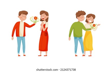 Young Man Giving Bouquet of Flowers to Happy Woman Vector Set