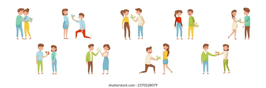 Young Man Giving Bouquet of Flowers to Happy Woman Vector Set
