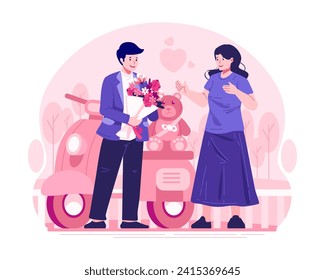 A Young Man Is Giving a Bouquet of Flowers to His Girlfriend. Valentine’s Day, Birthday Surprise on a Date or Anniversary. A Couple Having Romantic Dating