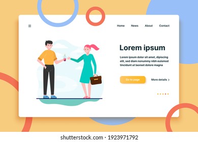 Young man giving bubble tea to girl. Friend, colleague, woman flat vector illustration. Friendship and relationship concept for banner, website design or landing web page