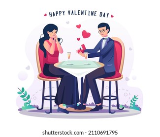 a young man giving an engagement ring in a little red box and making a proposal. a couple on a date and having dinner together on valentine's day. Flat style vector illustration