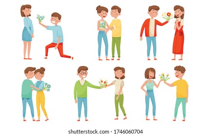 Young Man Giving Flowers Bouquet to Woman Vector Illustrations Set