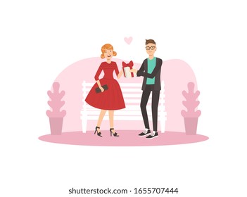 Young Man Giving Gift Box to Smiling Girl, Happy Loving Couple on Romantic Date Vector Illustration