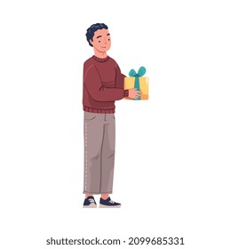 Young Man Giving Gift Box Engaged in Holiday Congratulation Vector Illustration
