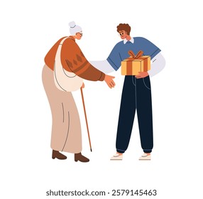 Young man giving gift box to elderly woman. Festive holiday present for senior old aged retired lady. Helping, caring about elder generation. Flat vector illustration isolated on white background