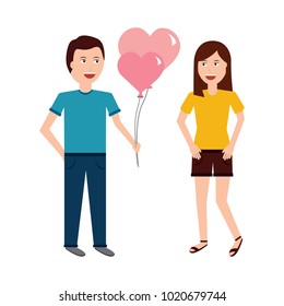 young man giving hearts shape balloons valentines day
