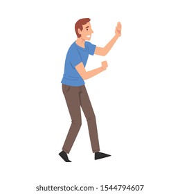 Young Man Giving High Five, Smiling Guy Greeting Partner or Friend, Man Standing With Raised Arms Vector Illustration