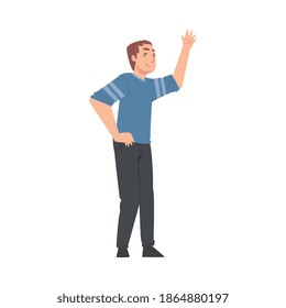 Young Man Giving High Five, Meeting, Agreement or Joy Expression Concept Cartoon Style Vector Illustration