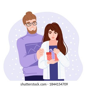 Young man giving his girlfriend a christmas present. Happy couple celebrating christmas. Girl opens gift surprise. Flat hand-drawn characters. Vector illustration.