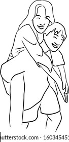 young man giving piggy back ride to his girlfriend  vector illustration sketch doodle hand drawn and black lines isolated white background 