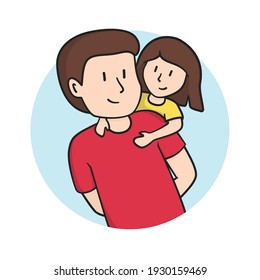 Young man giving piggyback ride to little girl, happy family illustration