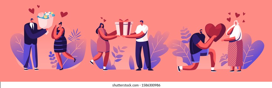 Young Man Giving Present to Happy Surprised Woman on Valentines Day or Birthday. Human Relations, Loving Couple Gift. Male and Female Characters Friendship or Love. Cartoon Flat Vector Illustration