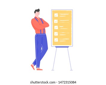 Young man giving a presentation, task execution, check sheet, stick to plan, phased, successful business, satisfied man demonstration board character flat people cartoon vector