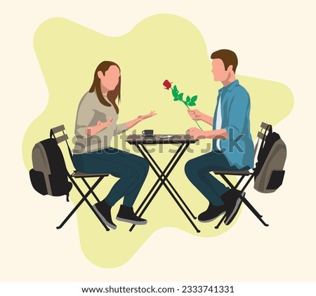 A young man giving a rose to an angry young woman at a cafe vector