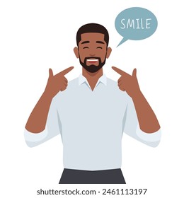 Young man giving smile using his hand pointing to his mouth and asking people to smile. Flat vector illustration isolated on white background