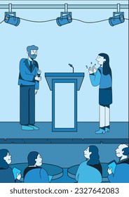 A young man giving speech infront of a group of people and a girl applauding vector illustration.