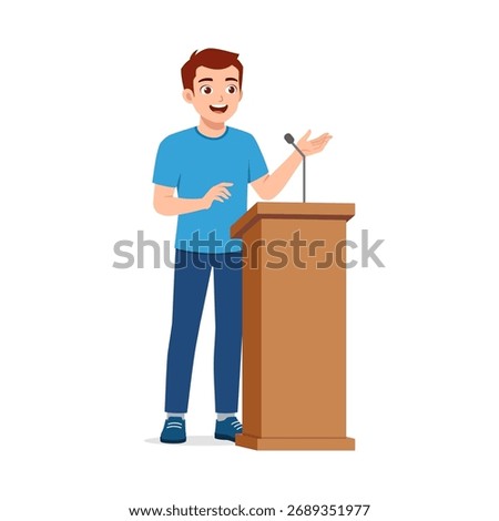 Young Man Giving a Speech at a Podium with Microphone and Smiling in Illustration Style