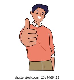 
young man giving thumbs up with friendly and happy face