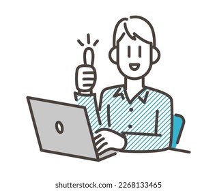 Young man giving thumbs up in front of laptop computer [Vector illustration].