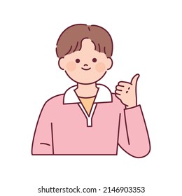 A young man is giving a thumbs up and making a positive gesture.  outline simple vector illustration.