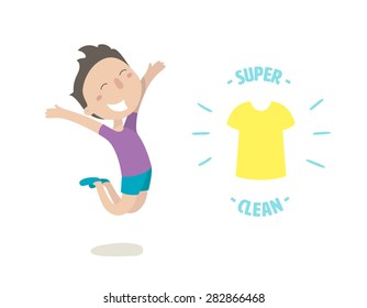 The young man glad that t-shirt super clean. Flat design. Vector illustration.