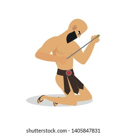 Young man gladiator is beaten by a bow metal arrow