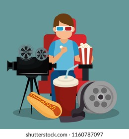 young man with glasses 3d and cinema icons