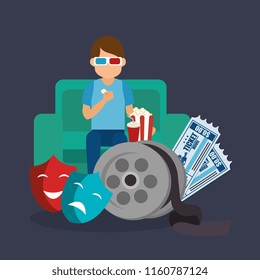 young man with glasses 3d and cinema icons