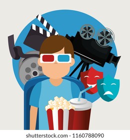 young man with glasses 3d and cinema icons