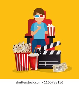young man with glasses 3d and cinema icons