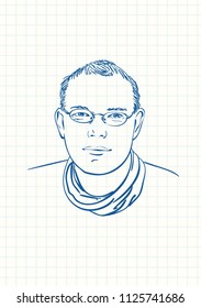 Young man in glasses, Blue pen sketch on square grid notebook page, Hand drawn vector illustration