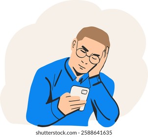 Young man with glasses in blue shirt looking tired while checking his smartphone.