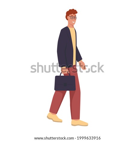 A young man with glasses and a briefcase is walking down the street. Flat vector illustration.