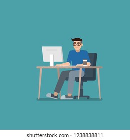 Young man with glasses in casual clothes working on desktop computer at desk in flat style