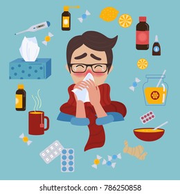 Young man in glasses caught cold flu or virus.He has red nose, high temperature and holds handkerchief or napkin. Ways to treat illness in a circle around. Vector isolated objects on blue background