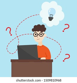 Young man in glasses with a computer, symbols of questions and ideas for solving. Vector flat illustration