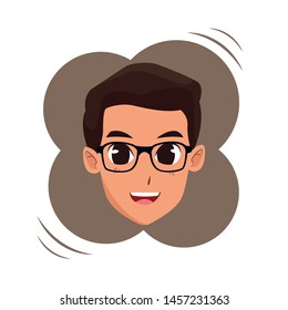 Young man with glasses face smiling cartoon on round colorful splash frame vector illustration graphic design.