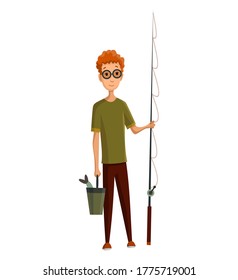 Young man with glasses, fishing rod and a bucket
