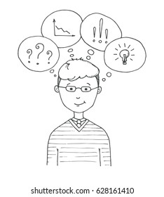 Young man with glasses. The guy with speech balloons with different symbols (question mark, graph, bulb, exclamation mark). Vector illustration in a sketch style.