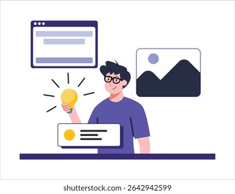 Young man with glasses holds a bright yellow lightbulb, representing an idea, surrounded by simple graphic design elements in a clean, modern style, suitable for business or innovation marketing.