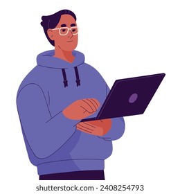 Young man in glasses holds laptop. Professional programmer writing code. Freelancer typing, communicate in online chat. Employee work at computer. Flat isolated vector illustration on white background