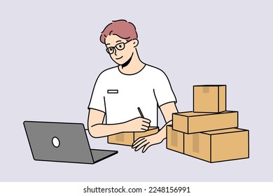 Young man in glasses look at laptop sign parcels at post. Smiling male worker write address and receiver on package in postal office. Vector illustration. 