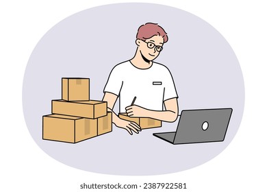 Young man in glasses look at laptop sign parcels at post. Smiling male worker write address and receiver on package in postal office. Vector illustration.