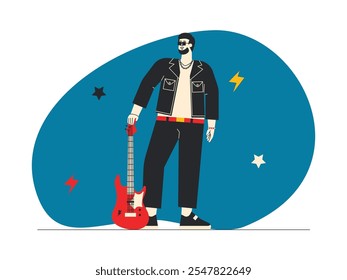 Hombre joven con gafas con el pelo limpio y barba posando fresco con guitarra eléctrica, llevando chaqueta de cuero negro y pantalones, llevando collar de cadena negro y pulsera con decoración de púas, rock n' roll