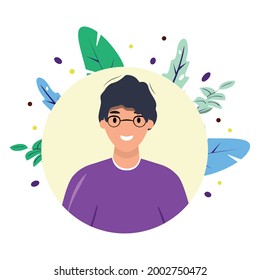 Young man with glasses on abstract background. Asian man wearing glasses and smiling. Man portrait. Modern flat design illustration 