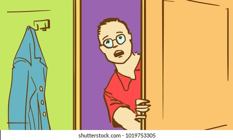 Young Man In Glasses Opening A Door And Looking Into A Room. Hiding Behind Door. Cartoon Vector Sketch In Pastel Colors.