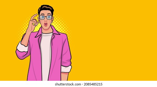 Young man with glasses pointing his head wondering gesture  Pop Art Comic Style