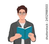 Young man with glasses reading a book. Flat vector illustration isolated on white background
