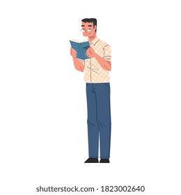 Young Man in Glasses Reading Book while Standing, Male Student Character Studying or Preparing for Exam, Book Lover, Literature Fan Cartoon Style Vector Illustration